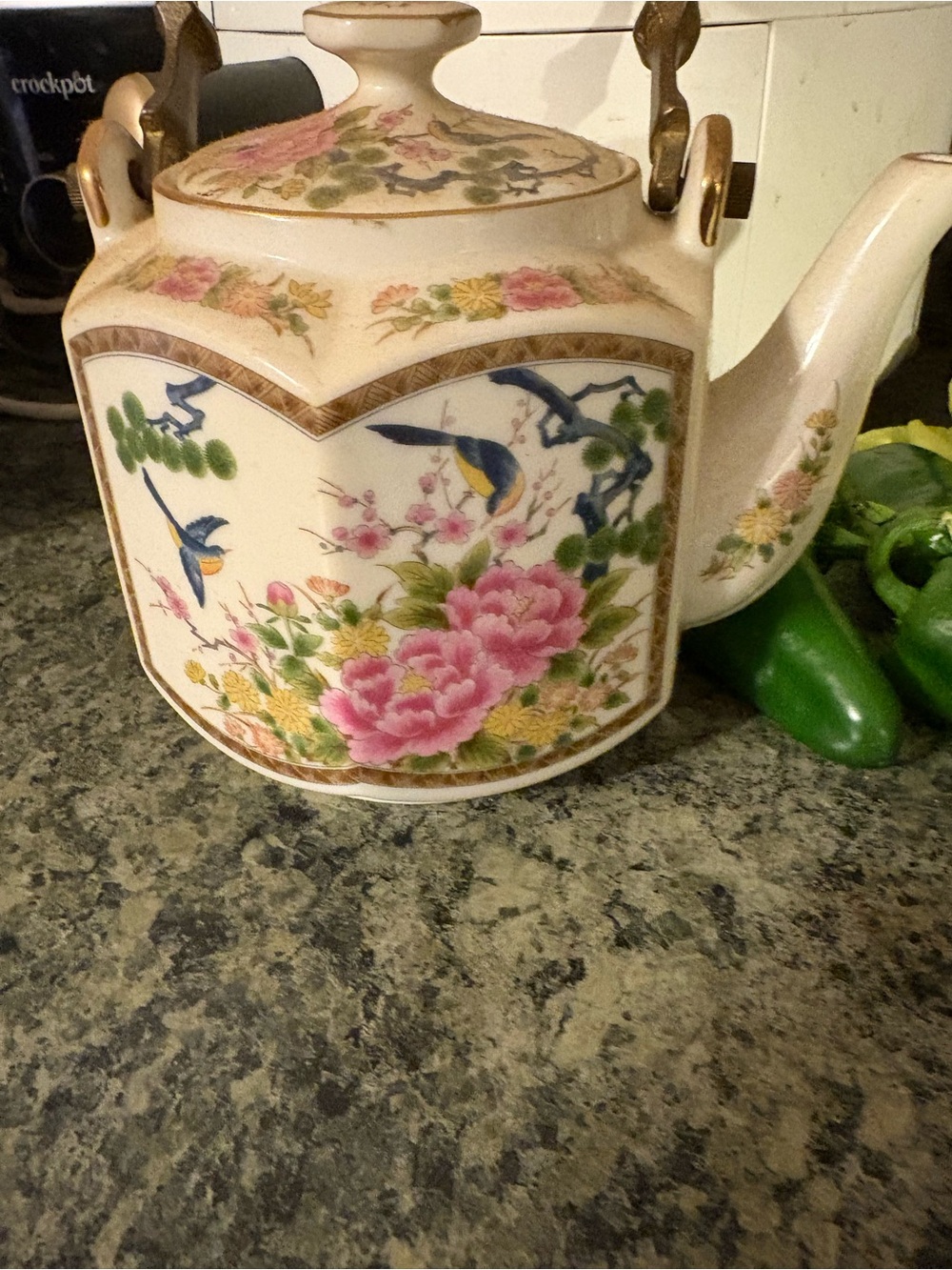 Homco Japanese Vintage-Style Porcelain Teapot Hexagon shape with Bird Motif